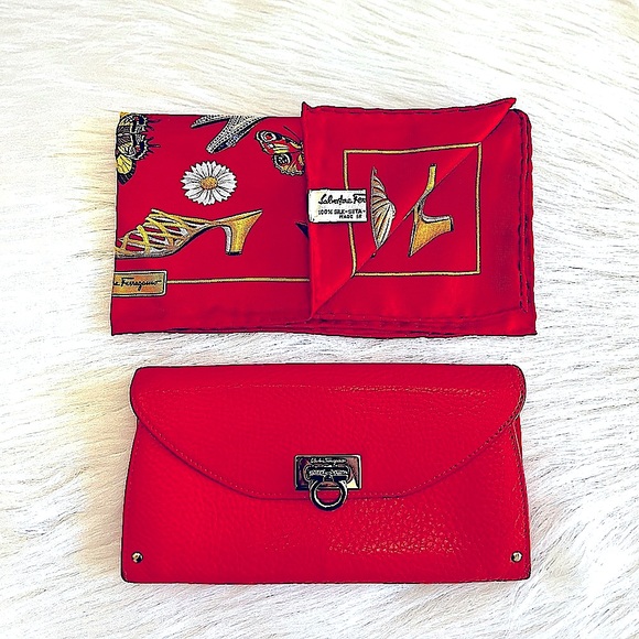 SALVATORE FERRAGAMO CALF LEATHER LONG WALLET AND SILK SCARF BUNDLE - Picture 2 of 15